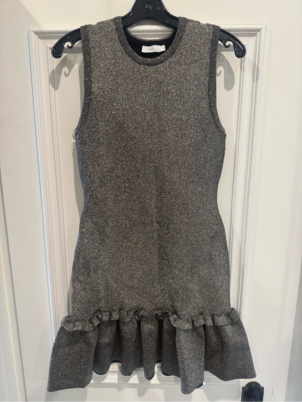 A.L.C. Metallic Silver Knit Ruffle-Hem cocktail Dress